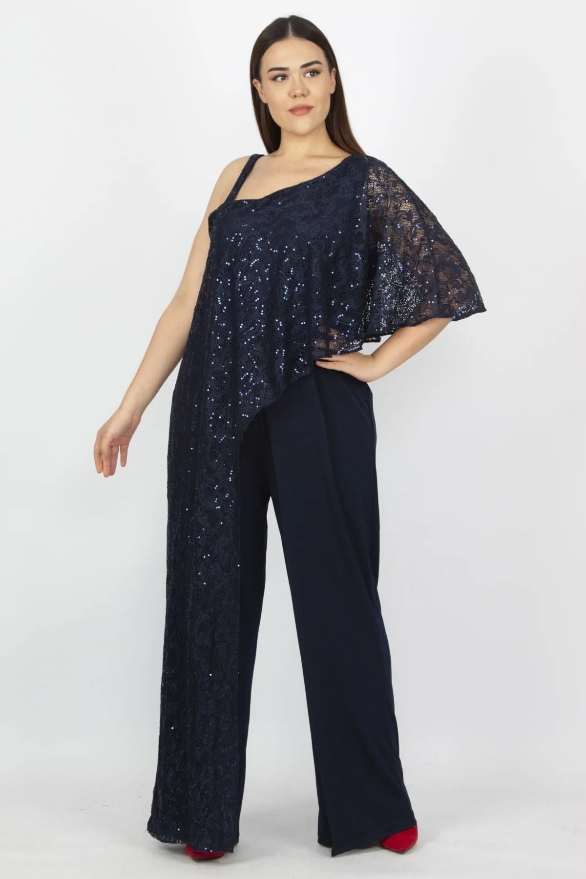 16216 Navy Blue One Shoulder Lace Detail Jumpsuit