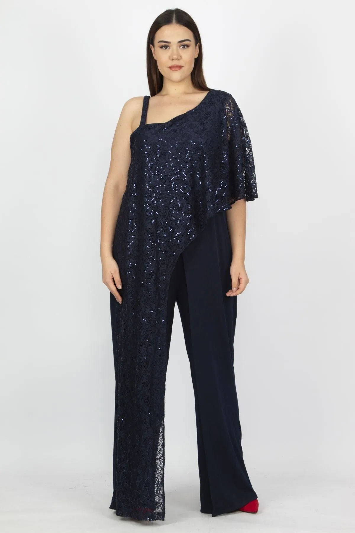 16216 Navy Blue One Shoulder Lace Detail Jumpsuit