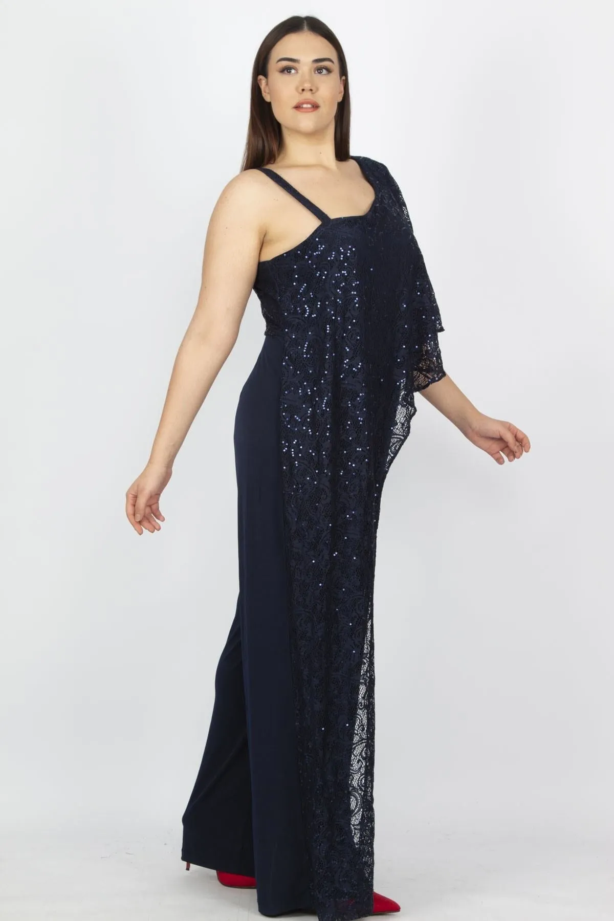 16216 Navy Blue One Shoulder Lace Detail Jumpsuit