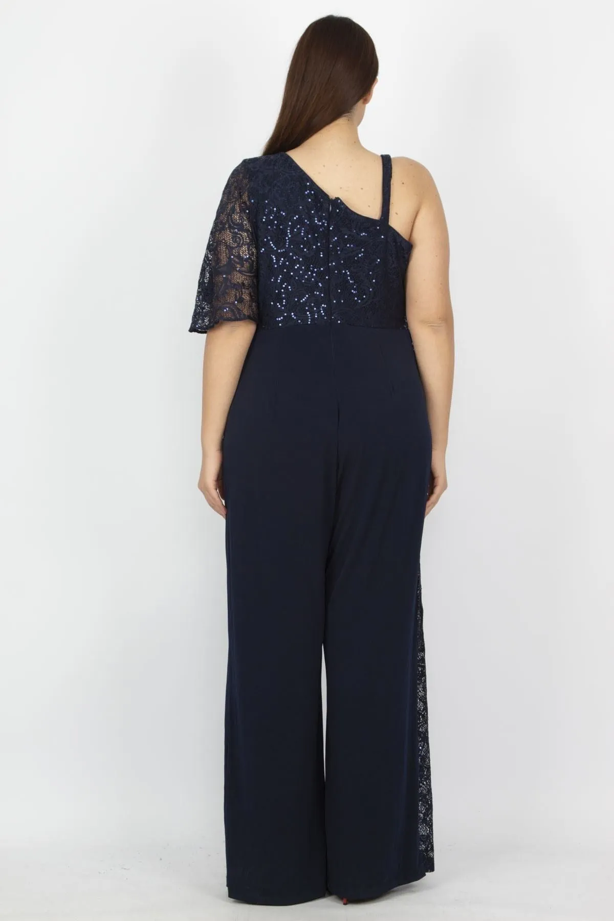 16216 Navy Blue One Shoulder Lace Detail Jumpsuit