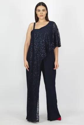 16216 Navy Blue One Shoulder Lace Detail Jumpsuit