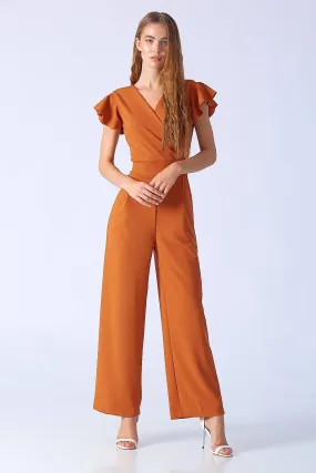 16242 Burnt Orange Frill Sleeve Jumpsuit