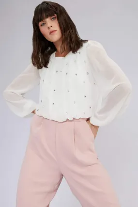 16247 Pink-Ecru Stone Embroidered Chiffon Top Jumpsuit