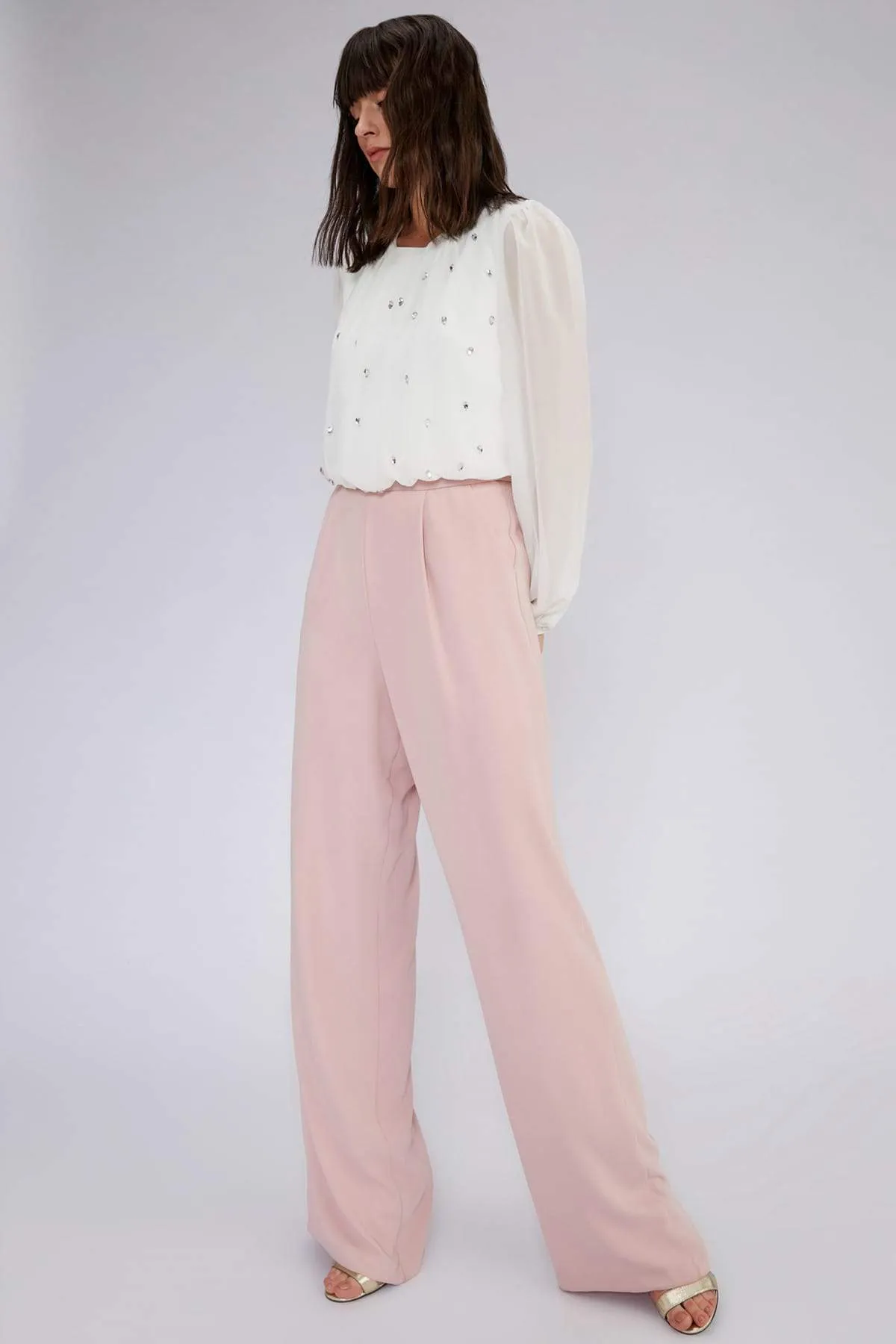 16247 Pink-Ecru Stone Embroidered Chiffon Top Jumpsuit