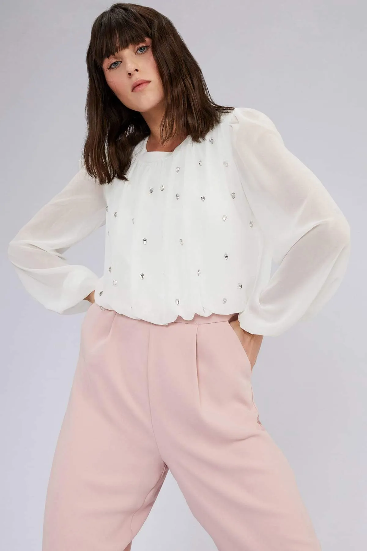 16247 Pink-Ecru Stone Embroidered Chiffon Top Jumpsuit
