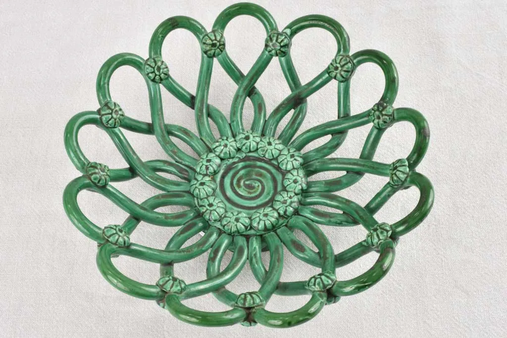 1950s woven ceramic bowl with green glaze Pichon Uzes 11½"
