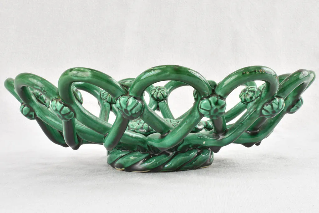 1950s woven ceramic bowl with green glaze Pichon Uzes 11½"