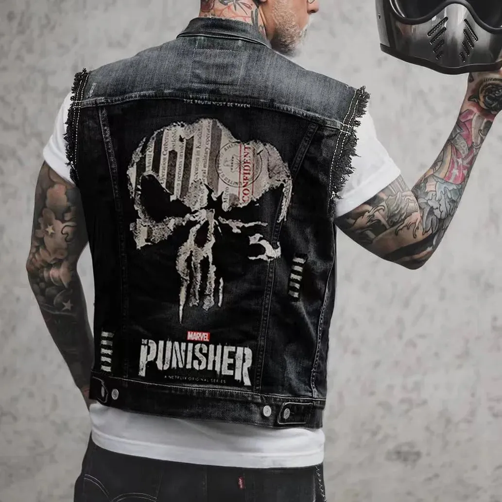 2024 New Denim Vest Printed Tribal Style Top for Men's Sportswear Denim Vest Motorcycle Vest Motorcycle Casual Denim Warehouse