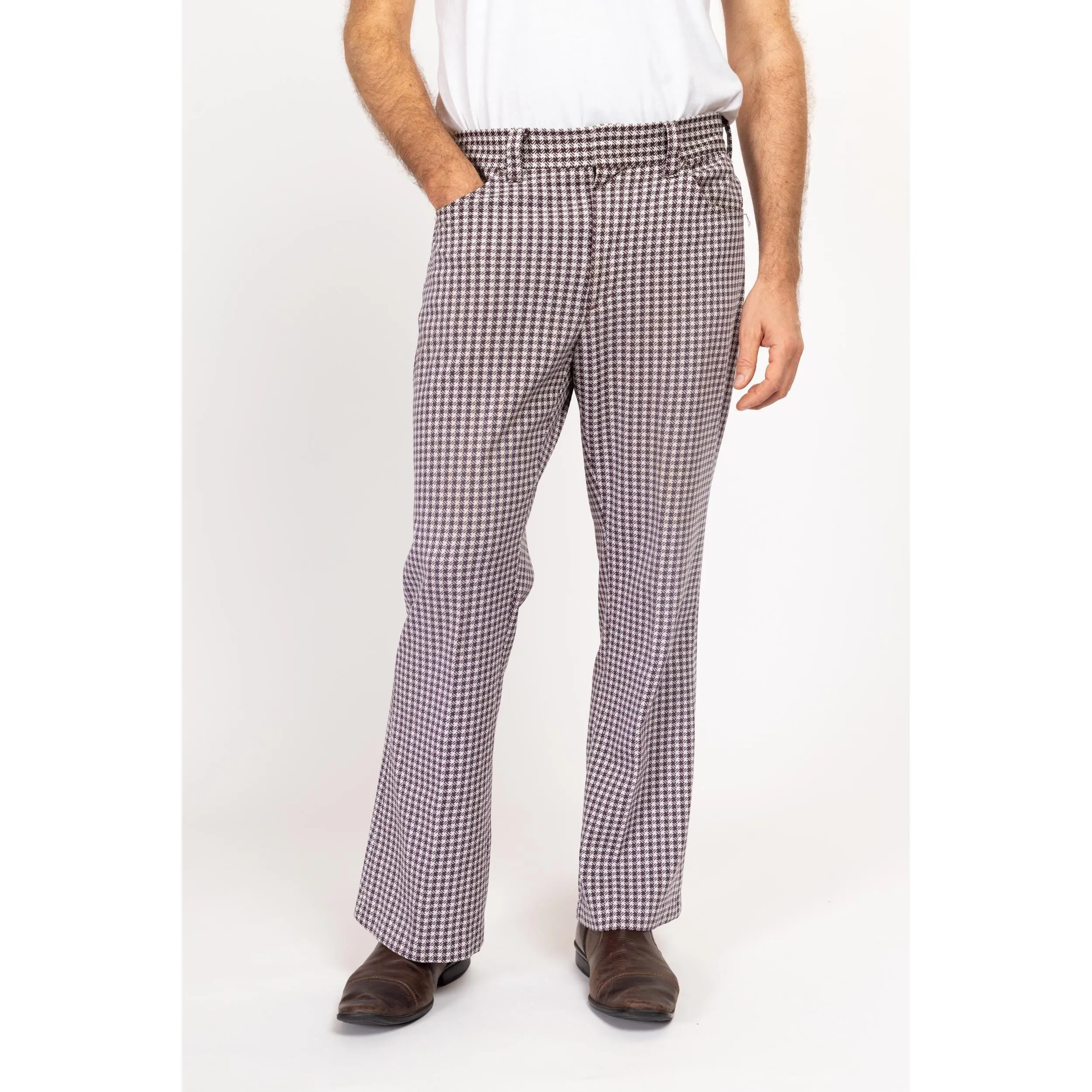 34" Waist 70s Purple & White Houndstooth Trousers