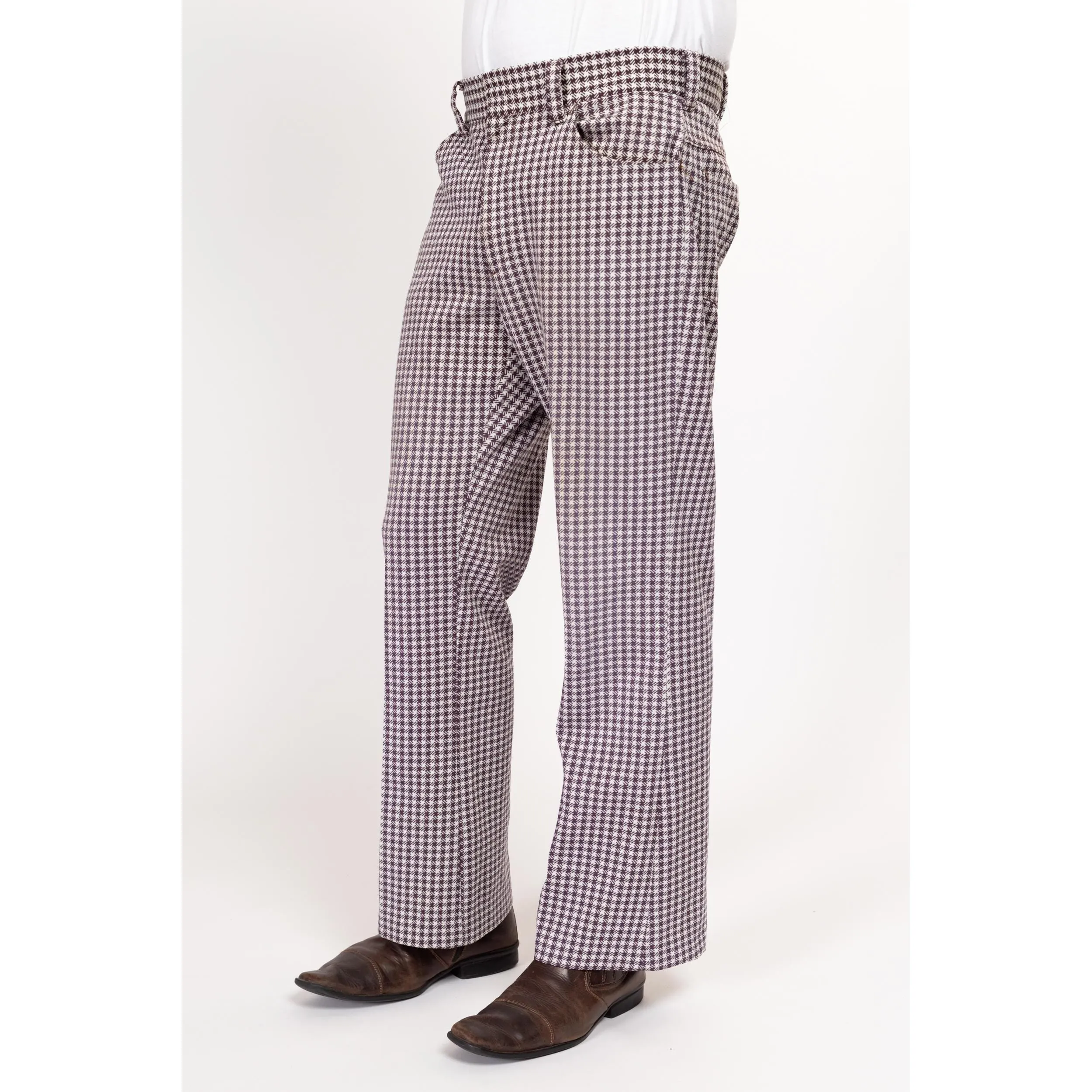 34" Waist 70s Purple & White Houndstooth Trousers