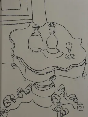 4/4 Still life with carafe, candlestick and wine glass - charcoal on paper - Caroline Beauzon 18½ x 26""