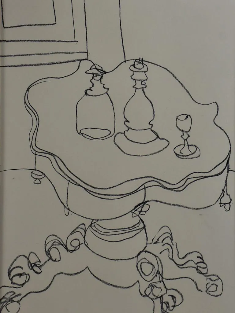4/4 Still life with carafe, candlestick and wine glass - charcoal on paper - Caroline Beauzon 18½ x 26""