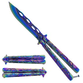 8" Overall Practice Butterfly Knife w/Dragon Engraved Handle Rainbow