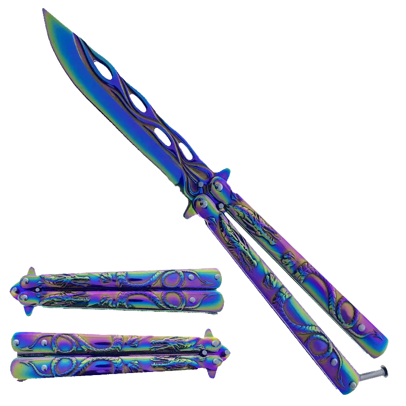 8" Overall Practice Butterfly Knife w/Dragon Engraved Handle Rainbow