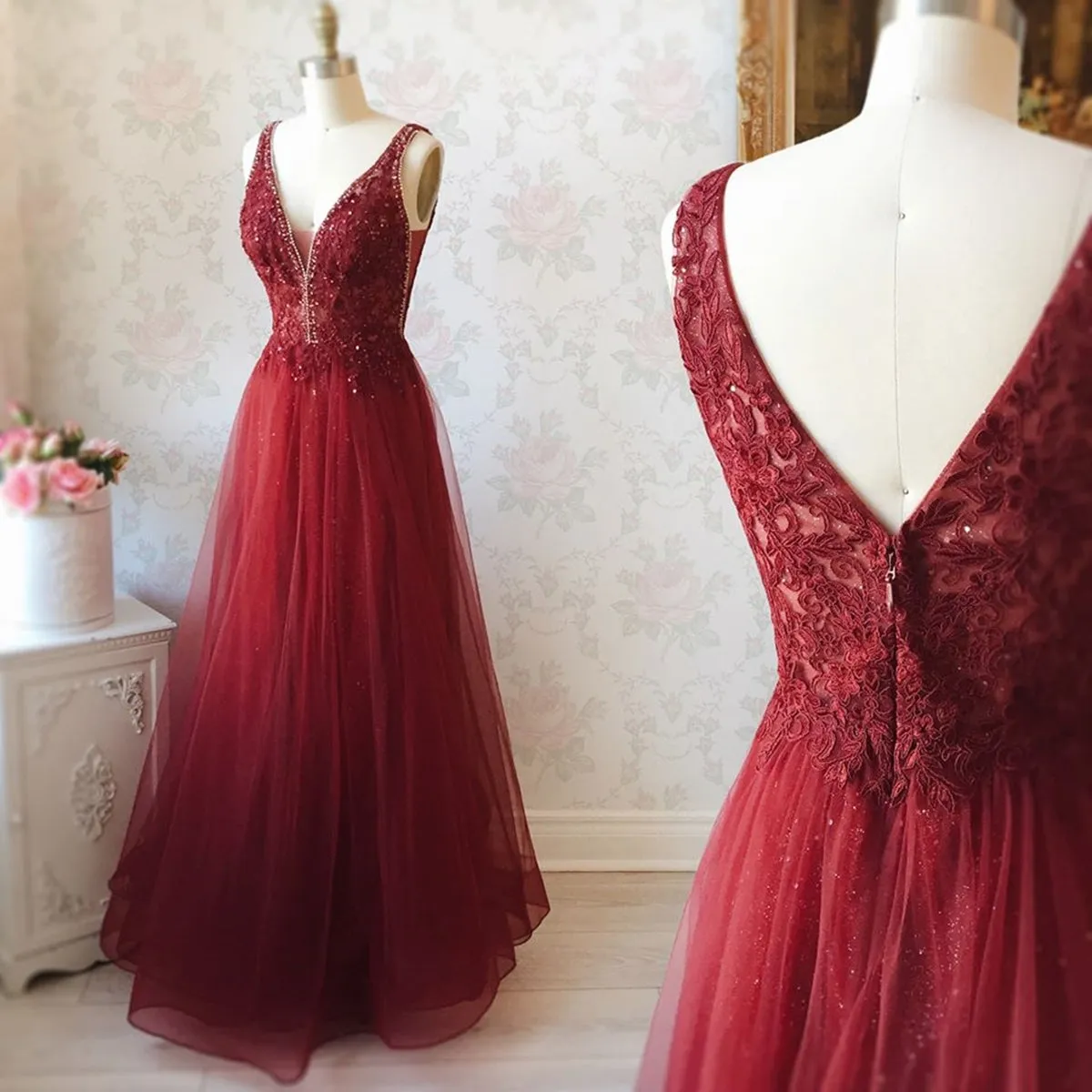 A Line V Neck Lace Burgundy Tulle Long Prom, V Neck Burgundy Lace Formal, Burgundy Lace Evening
