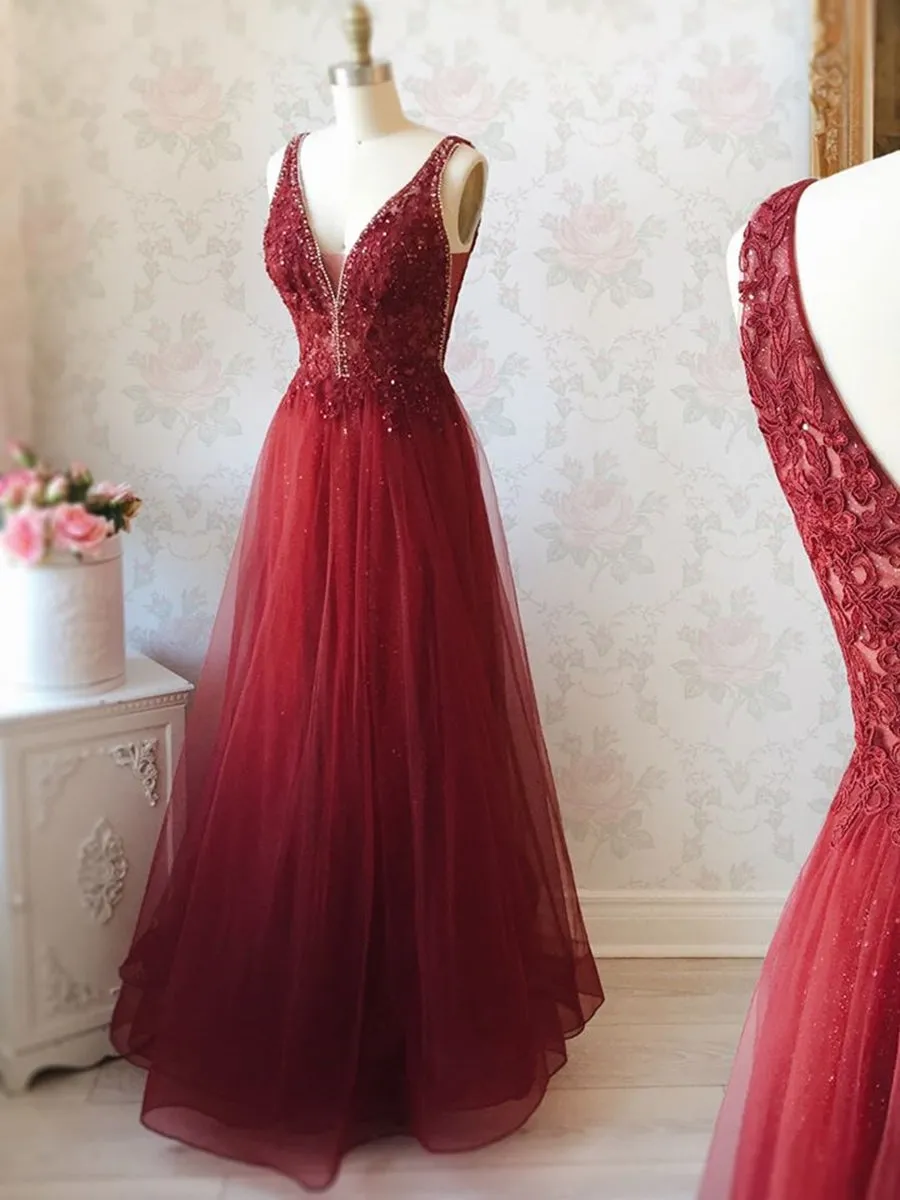 A Line V Neck Lace Burgundy Tulle Long Prom, V Neck Burgundy Lace Formal, Burgundy Lace Evening