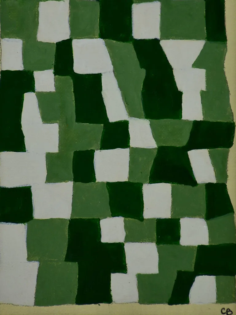 Abstract green patchwork - Caroline Beauzon - acrylic on canvas board 12½" x 15"