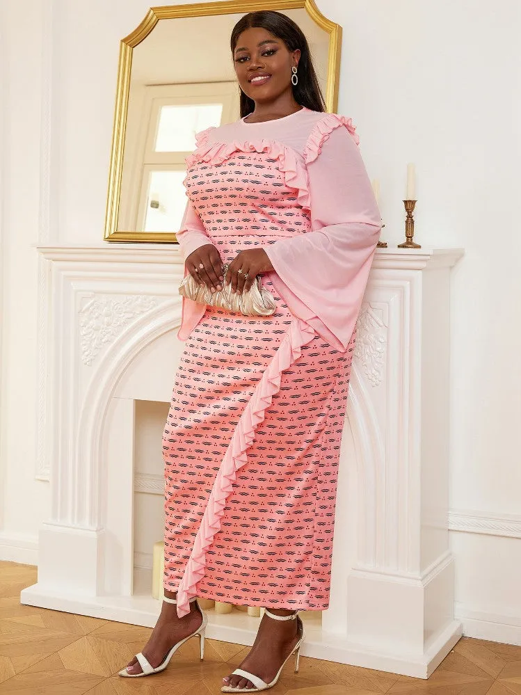 AOMEIDress Printed Long Church Dresses Flare Sleeve Party Gowns