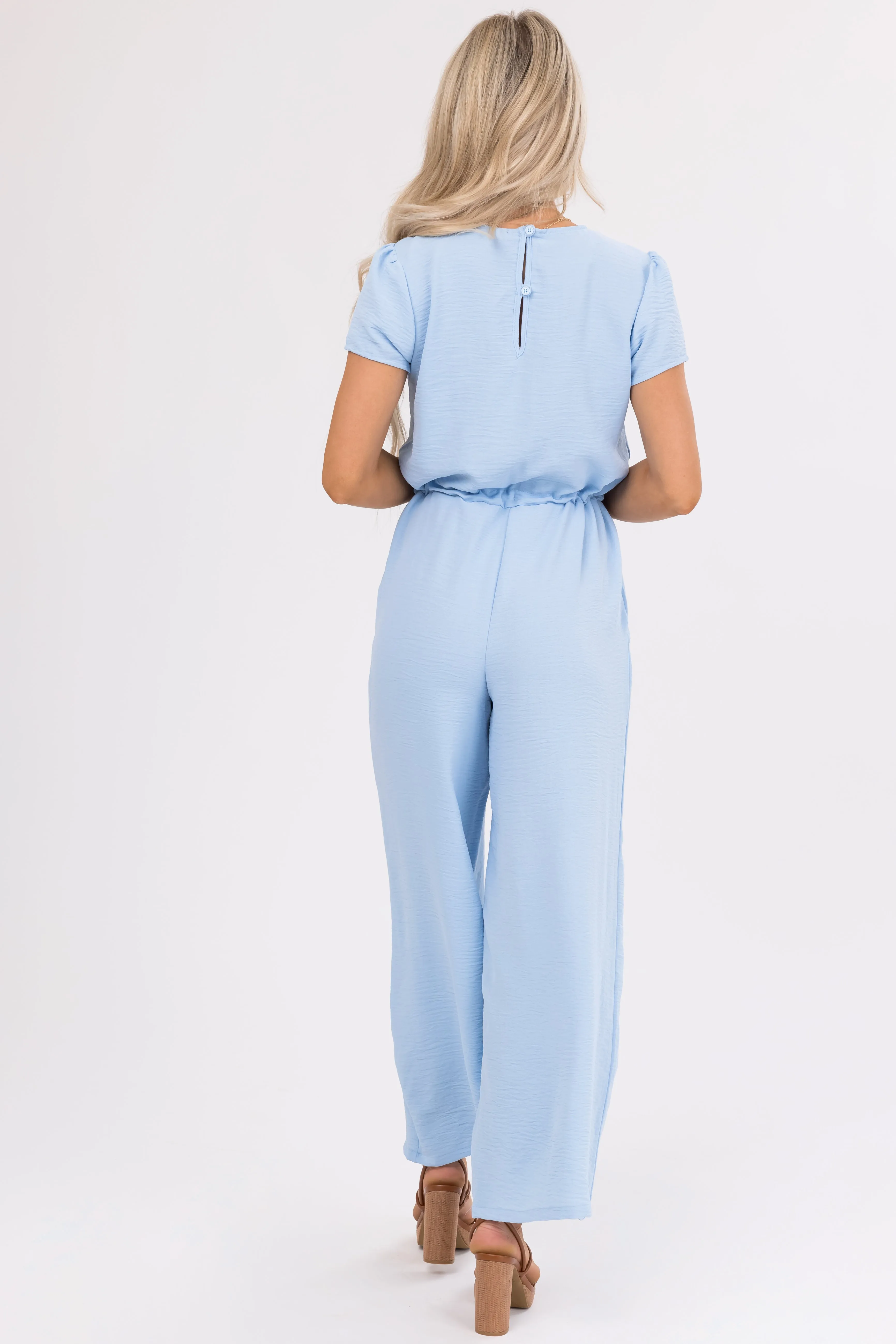 Baby Blue Surplice Wide Leg Crinkle Jumpsuit