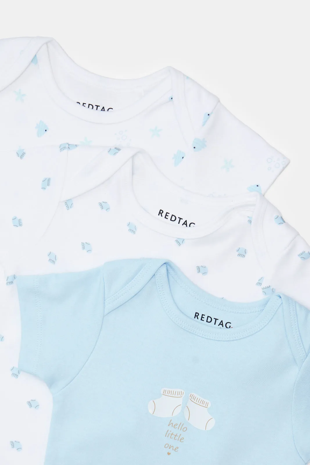 Baby White And Blue Printed Bodysuit Set (Pack Of 3)