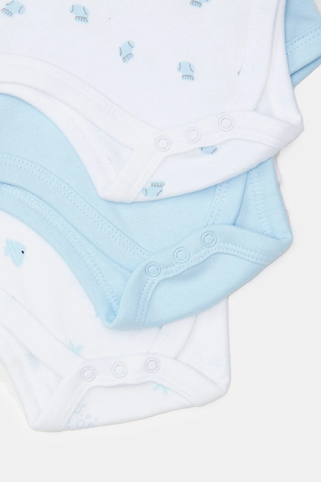 Baby White And Blue Printed Bodysuit Set (Pack Of 3)