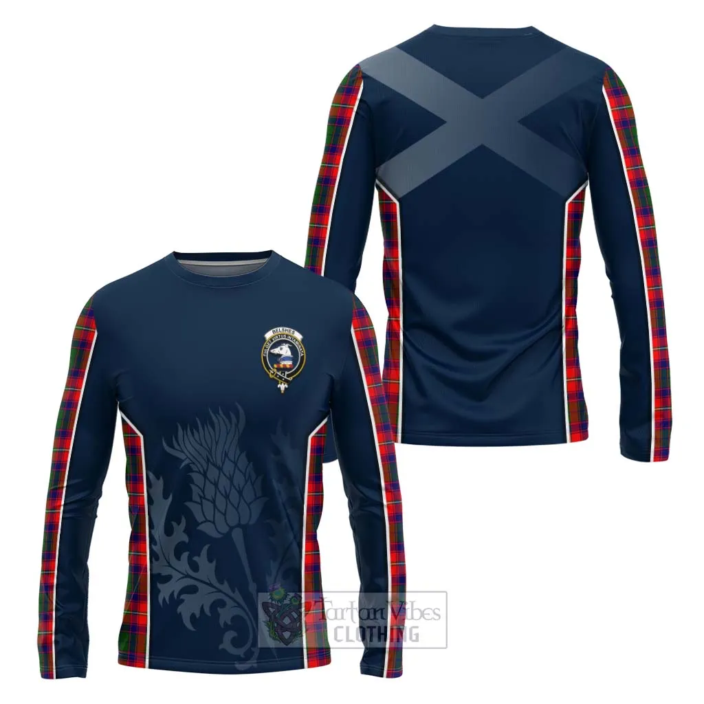Belshes (Belsches) Tartan Long Sleeve T-Shirt with Family Crest and Scottish Thistle Vibes Sport Style