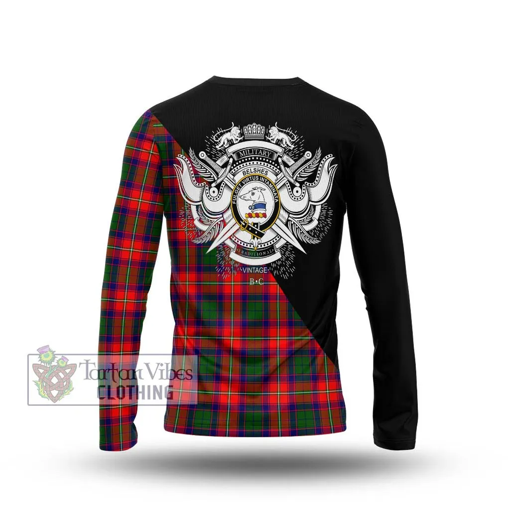 Belshes Tartan Long Sleeve T-Shirt with Family Crest and Military Logo Style
