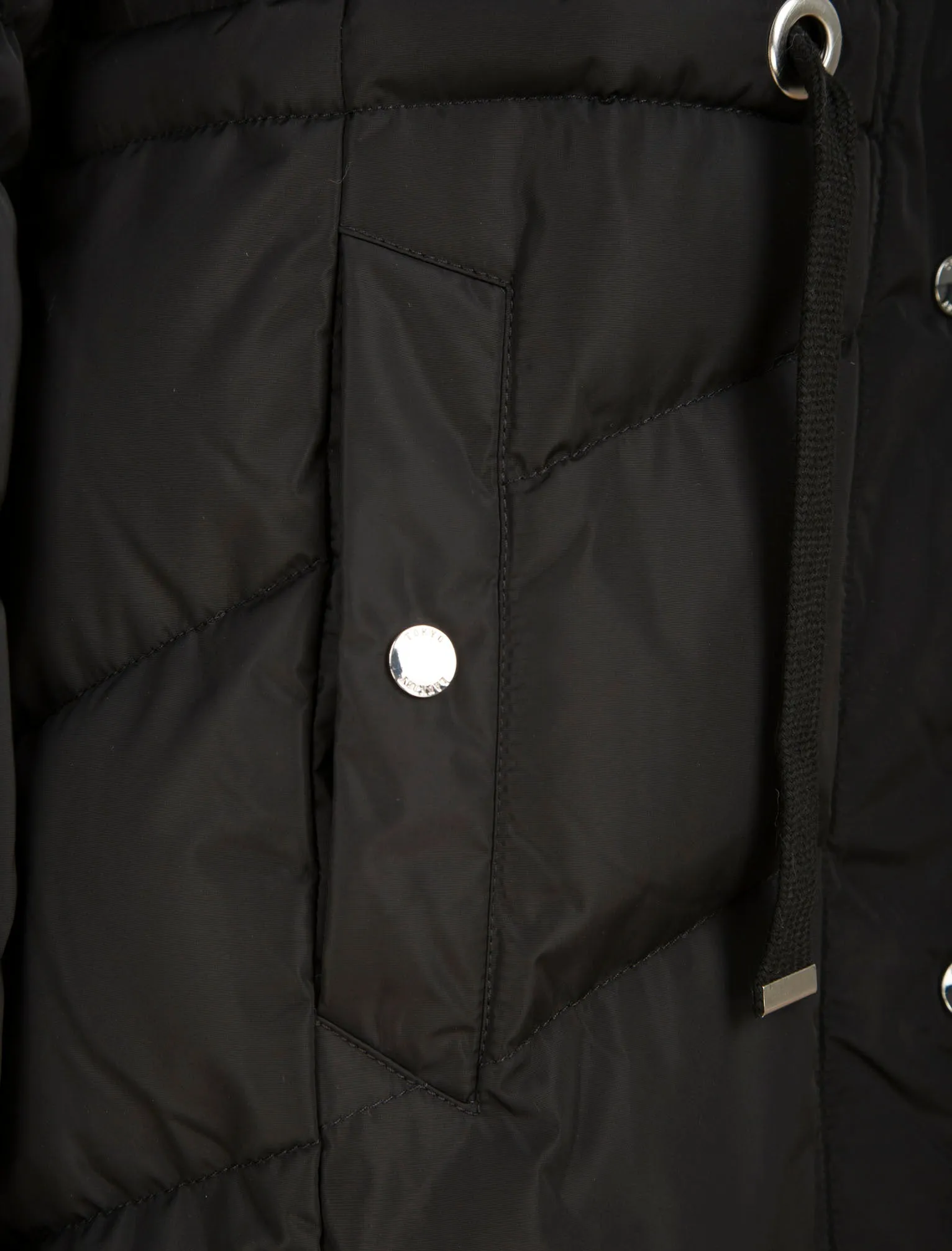 Bingo Longline Quilted Puffer Coat with Faux Fur Trim Hood in Black - Tokyo Laundry