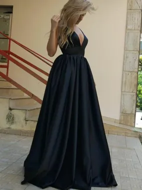 Black A Line V Neck Open Back Satin Long Prom Dresses, Black Formal Dresses V Neck Satin Graduation Dresses Backless Evening Dresses