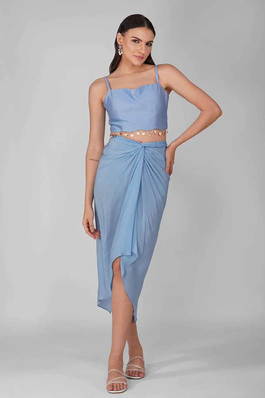 Blue-Green Sky Drape Skirt And Cape Set