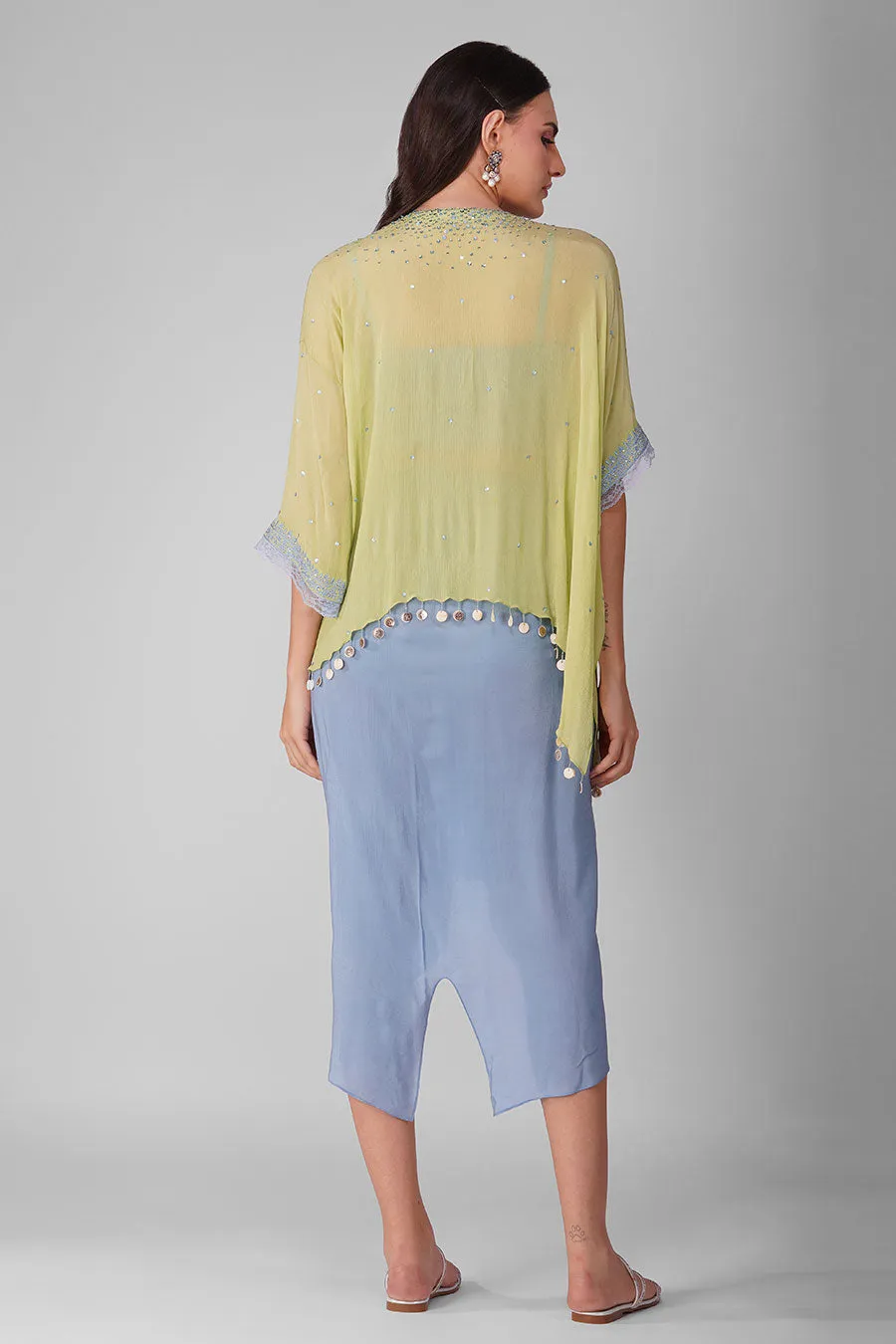 Blue-Green Sky Drape Skirt And Cape Set