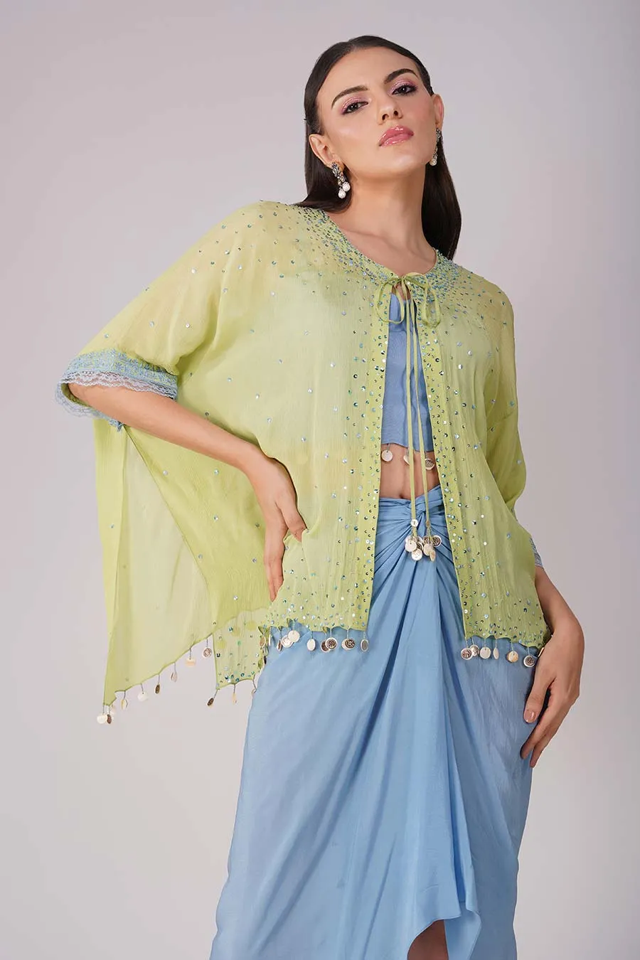 Blue-Green Sky Drape Skirt And Cape Set