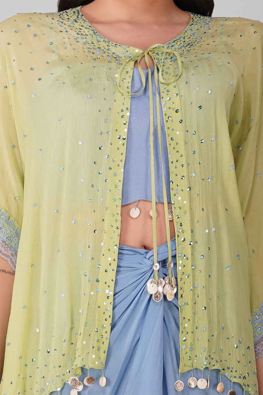 Blue-Green Sky Drape Skirt And Cape Set