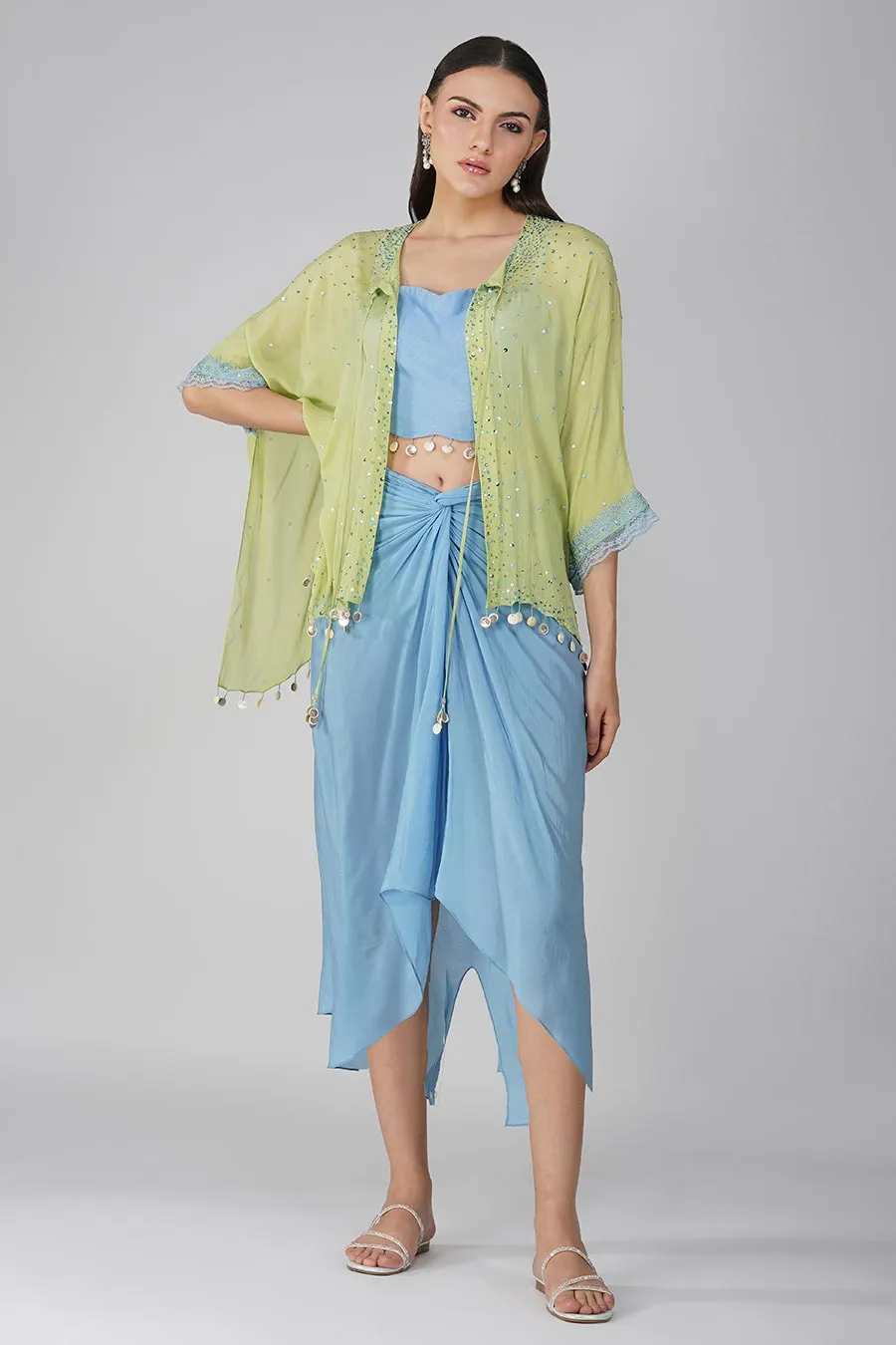Blue-Green Sky Drape Skirt And Cape Set