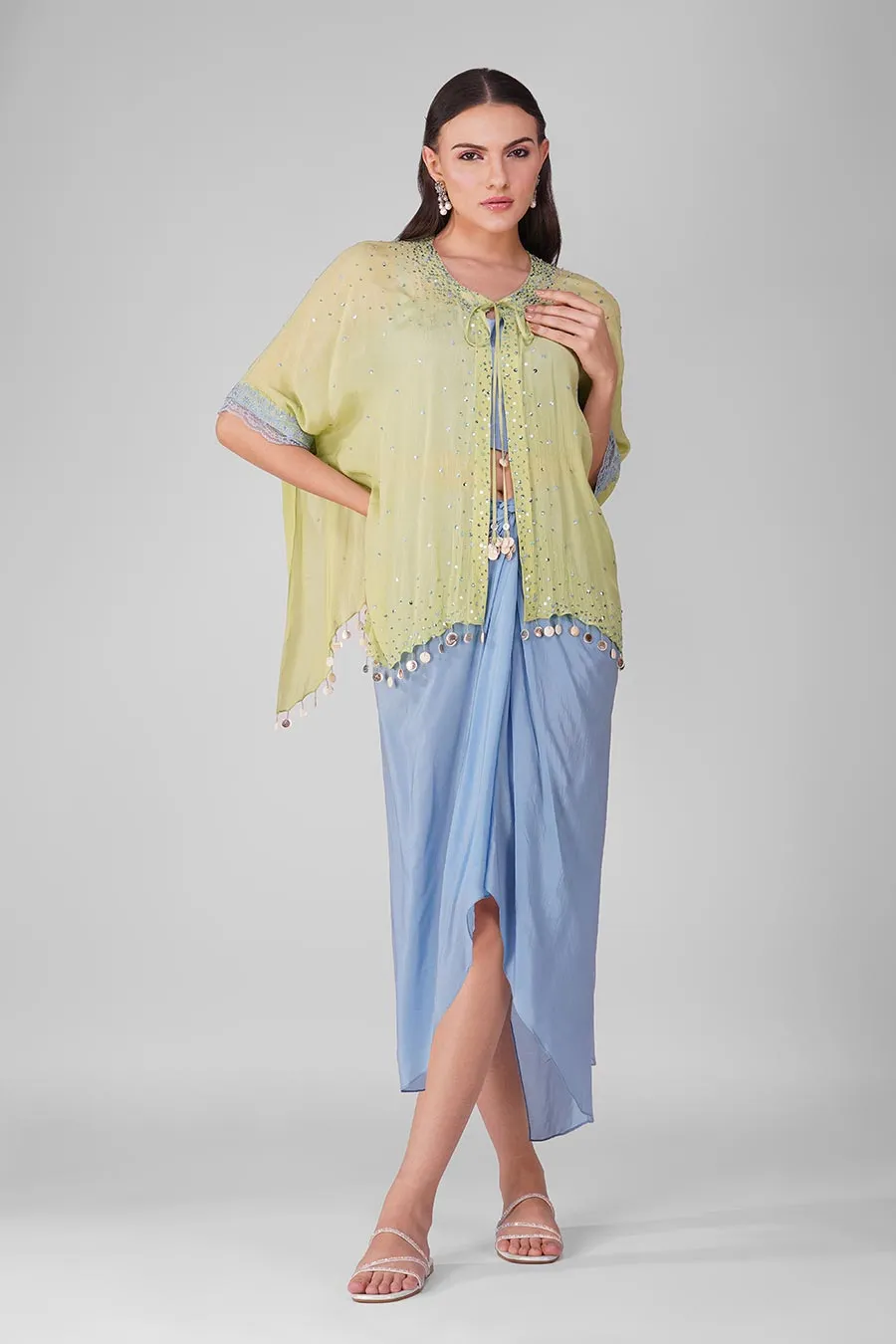 Blue-Green Sky Drape Skirt And Cape Set