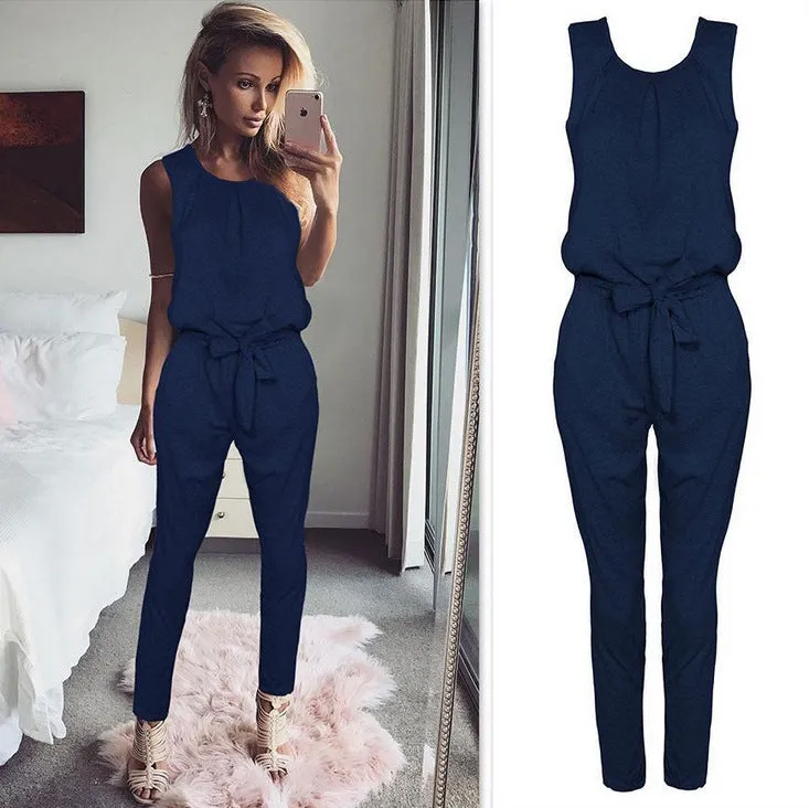 Bowknot Sleeveless Pure Color Loose High Waist Long Jumpsuits