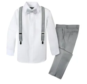 Boys' 4 Piece Suspenders Outfit, Light Grey/White/Grey w/White Stripes