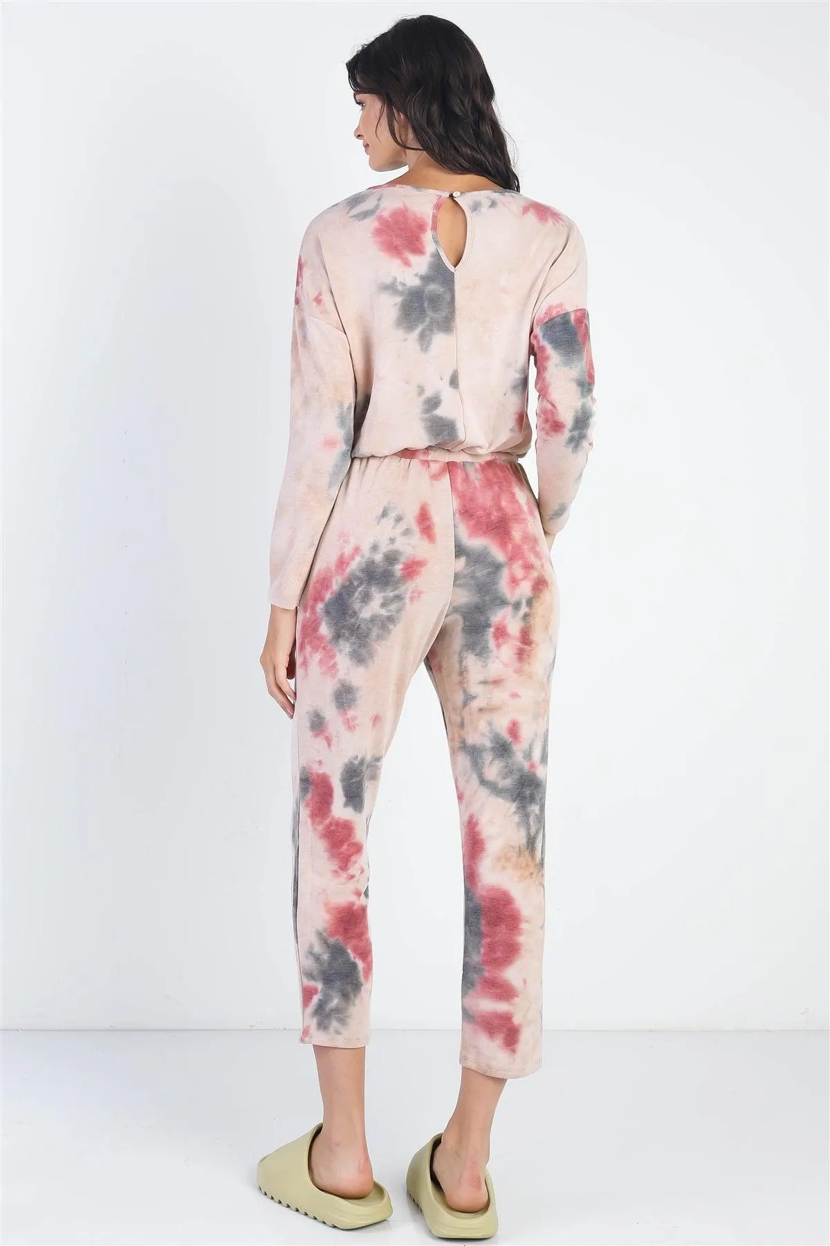 Burgundy Tie-Dye Round Neck Long Sleeve Jumpsuit