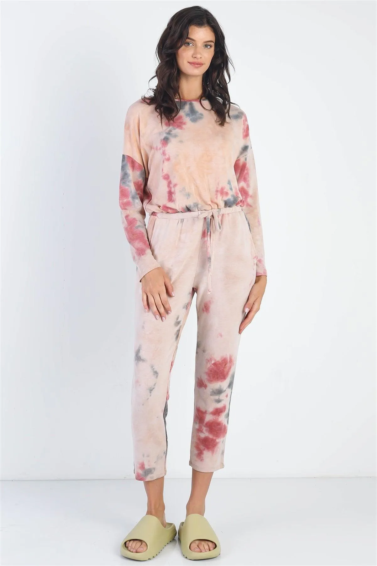 Burgundy Tie-Dye Round Neck Long Sleeve Jumpsuit