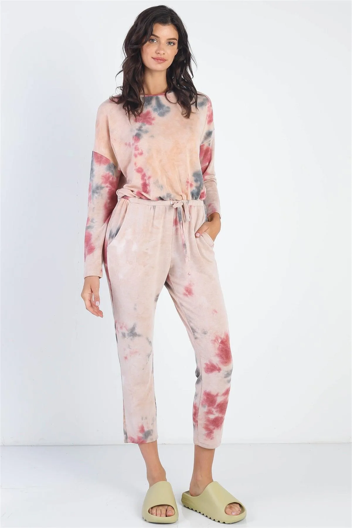 Burgundy Tie-Dye Round Neck Long Sleeve Jumpsuit