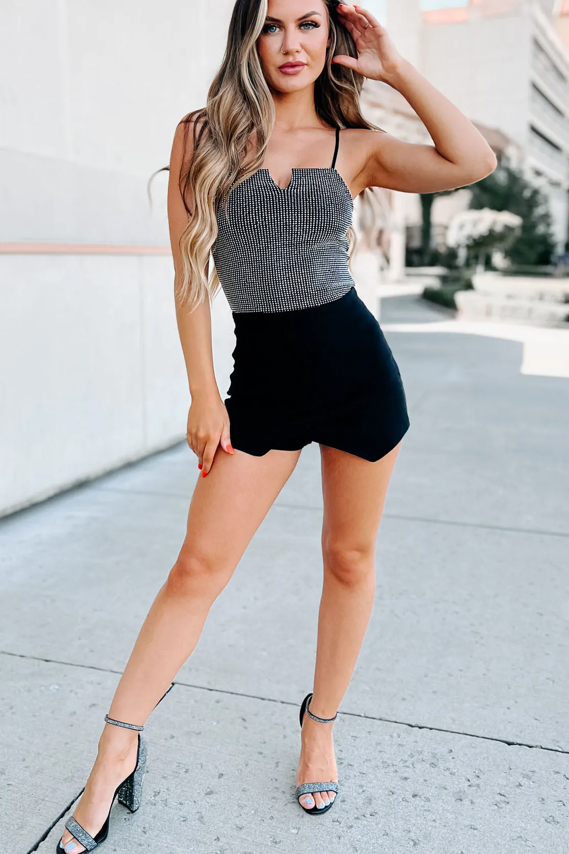 Buy Me Drinks Rhinestone Notch Bodysuit (Black)