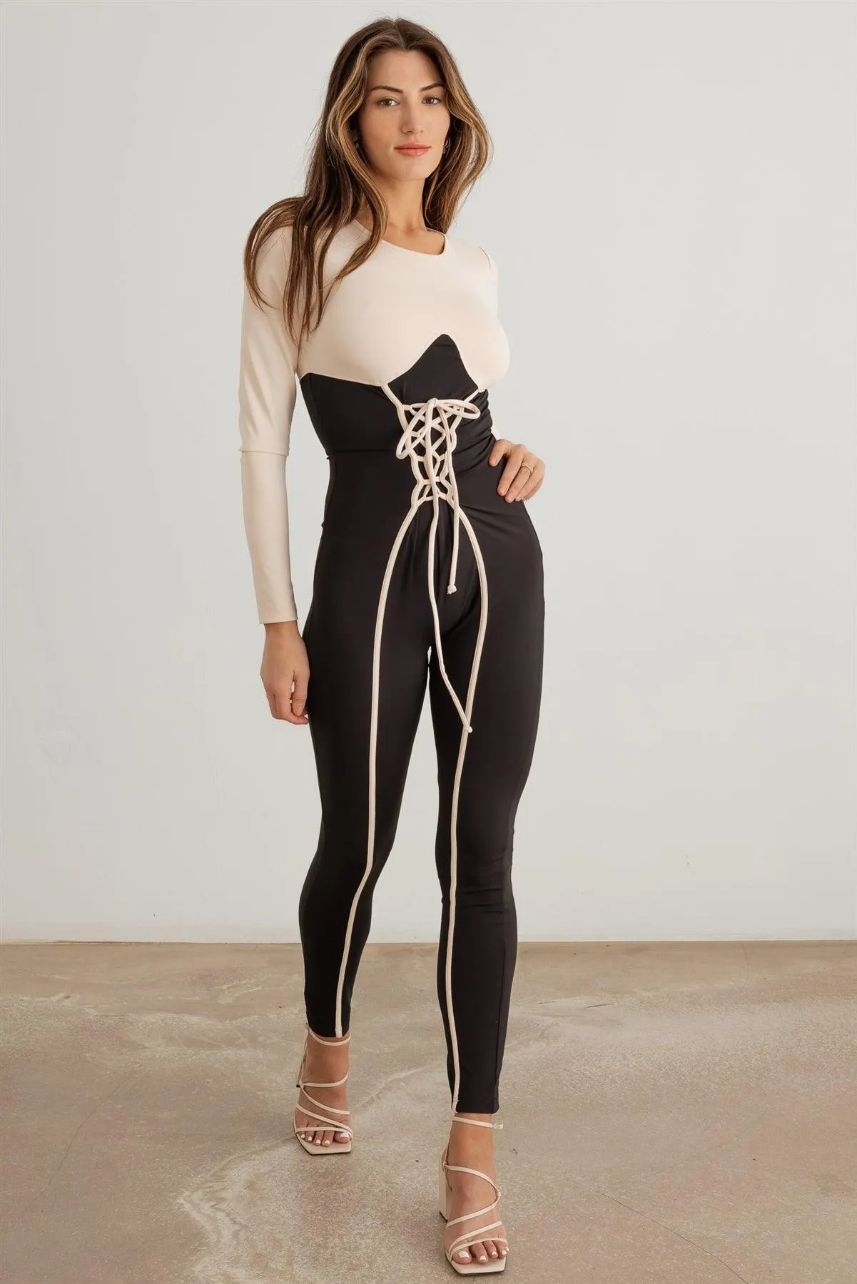 Contrast Stitch Lace-Up Long Sleeve Jumpsuit /3-2-1