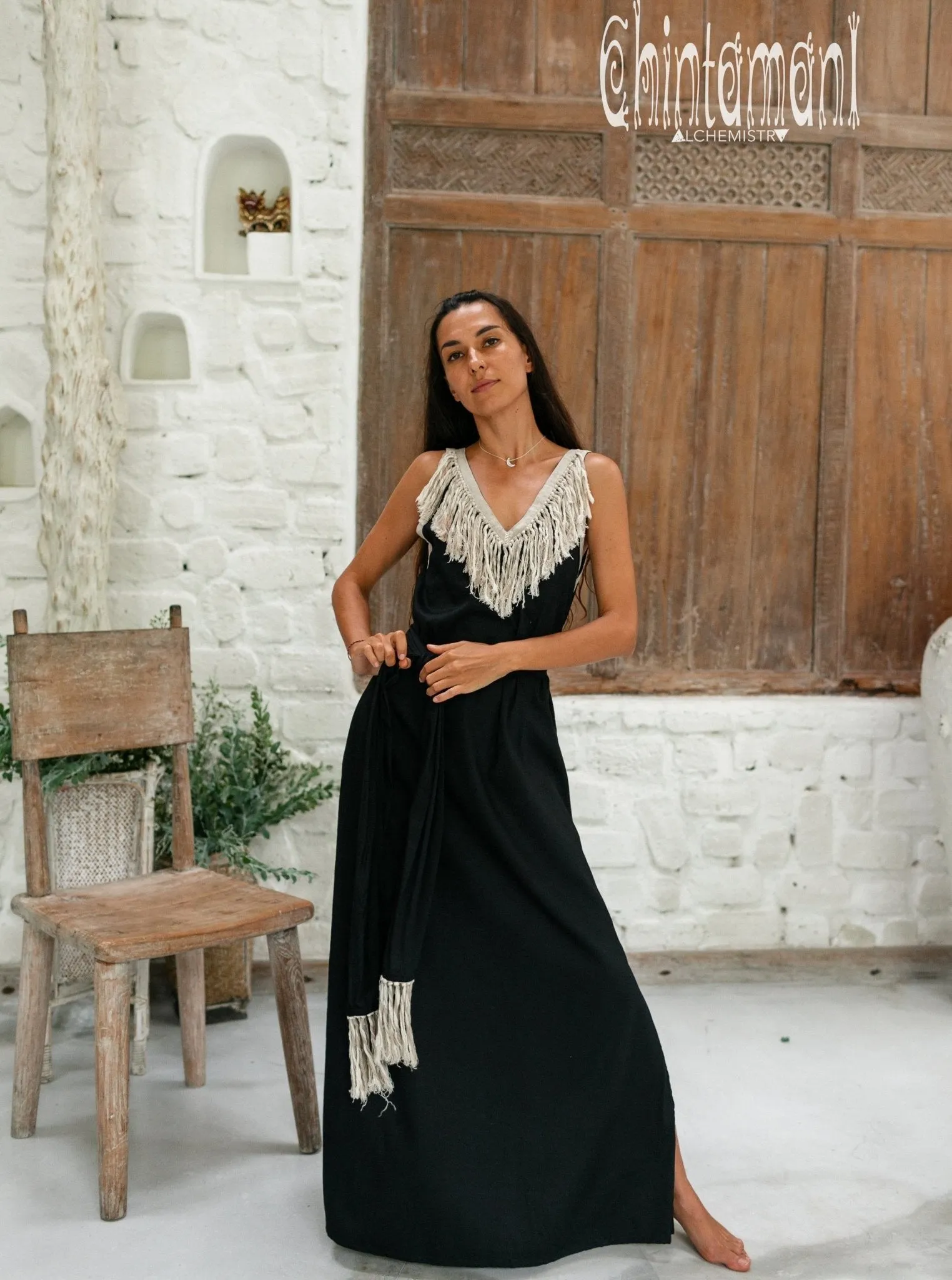 Cotton Boho Fringe Dress for Women / Black