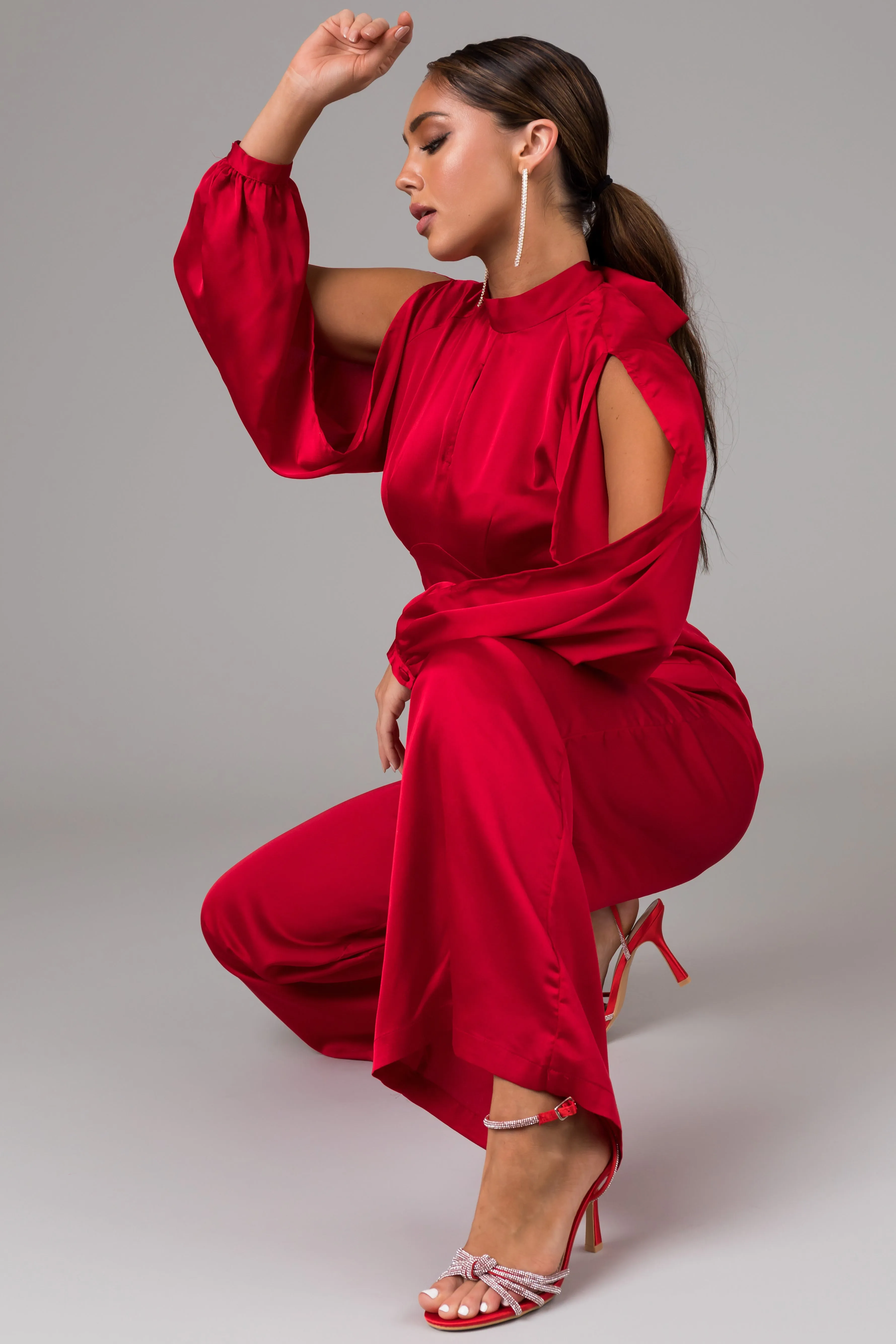 Cranberry Long Sleeves with Slits Jumpsuit