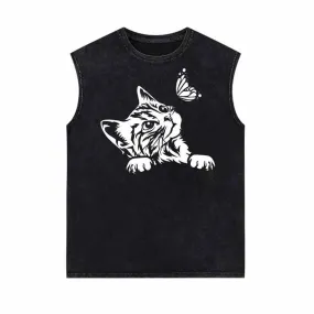 Cute Cat Curious Kitten With Butterfly Vintage Washed Vest Top