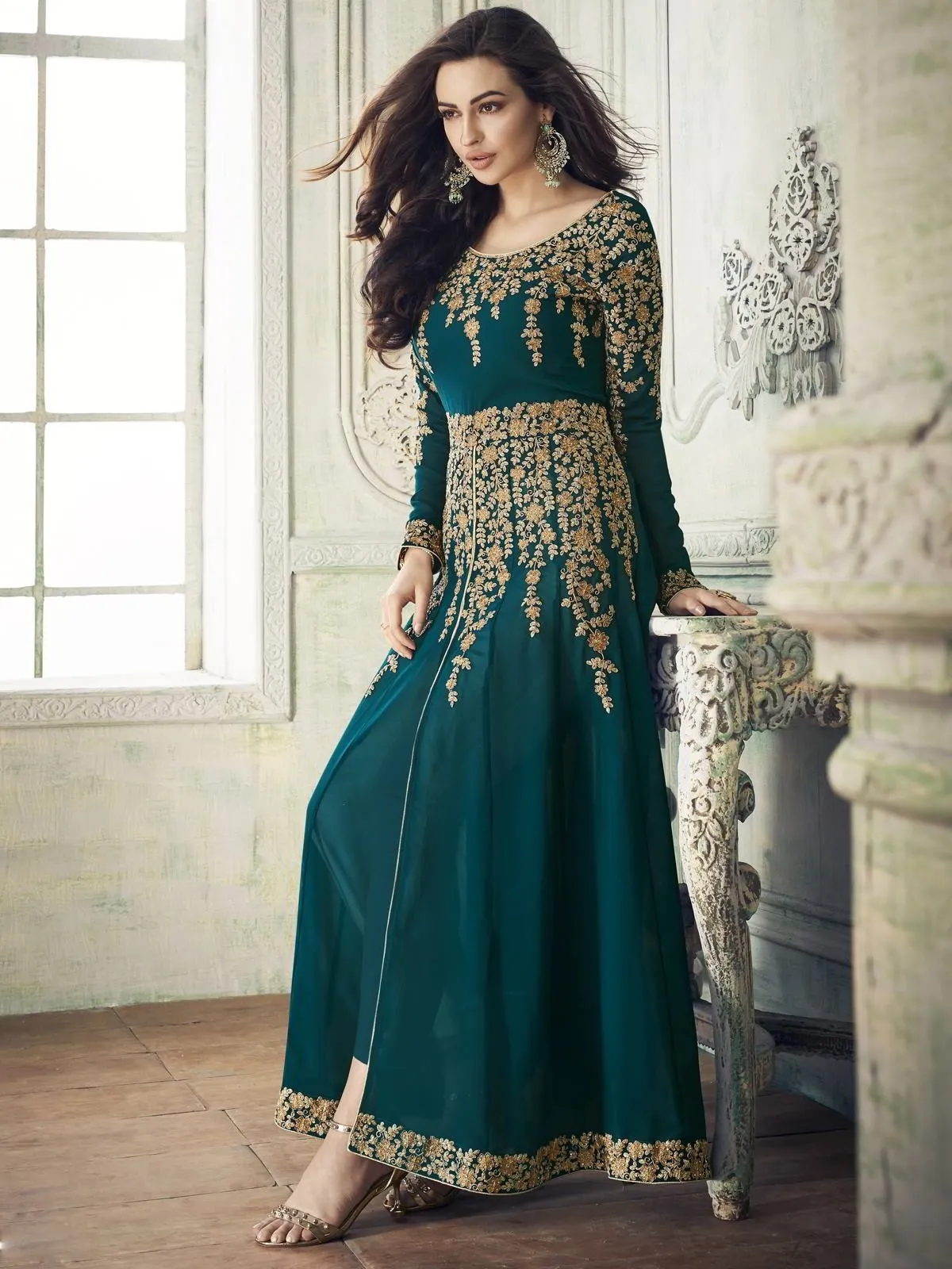 Deep Turquoise Overall Embroidered Party Wear Pant Suit