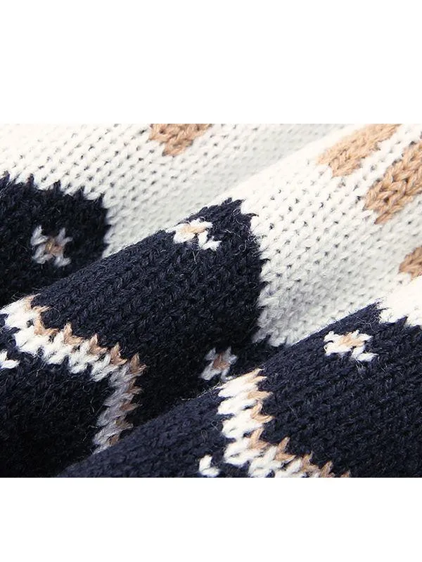 Deer Print Splicing Knitwear Acrylic Round Collar Baby Sweater