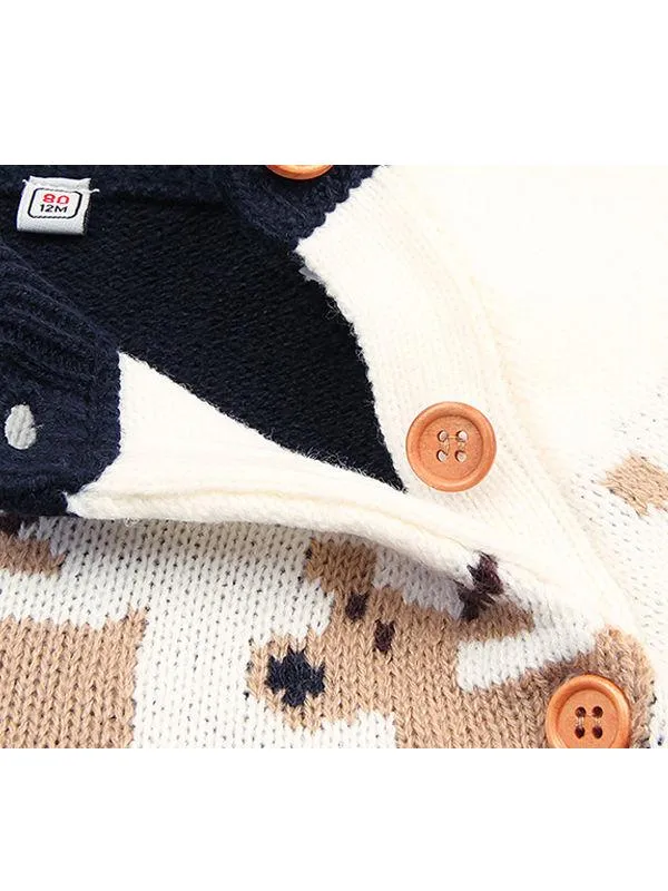 Deer Print Splicing Knitwear Acrylic Round Collar Baby Sweater