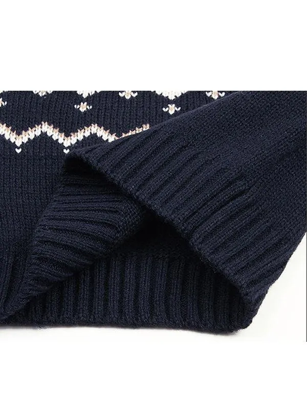 Deer Print Splicing Knitwear Acrylic Round Collar Baby Sweater