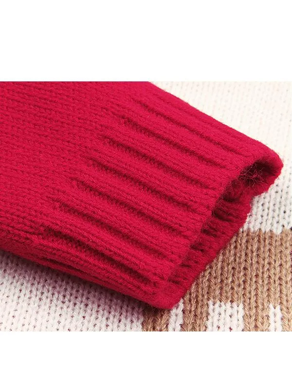 Deer Print Splicing Knitwear Acrylic Round Collar Baby Sweater